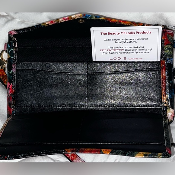 Black Leather clutch with flowers and crossbody shoulder bag. LODIS 9x5x0.5” - Picture 11 of 13
